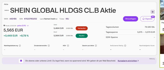 A German-language stock trading interface displaying 'SHEIN GLOBAL HLDGS CL.B Aktie' at 5,565 EUR, up +0.449 EUR (+8.78%), with action buttons for Verkaufen (Sell) and Kaufen (Buy), showing a 52-week range of 5,075 - 5,570 EUR.