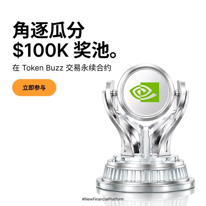 An advertisement features Chinese text '角逐瓜分 $100K 奖池' (Compete for a share of the $100K prize pool), '在 Token Buzz 交易永续合约' (Trade perpetual contracts on Token Buzz), with an orange '立即参与' (Join Now) button next to a silver trophy displaying the NVIDIA logo, and the hashtag #NewFinancialPlatform.