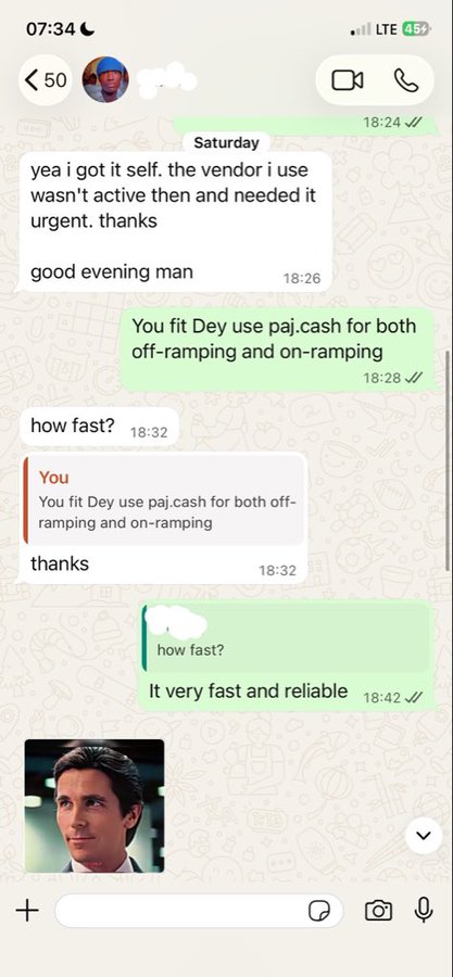 A WhatsApp chat between two users discussing the speed and reliability of Paj.cash for off-ramping and on-ramping transactions, with the user describing it as "very fast and reliable." This aligns with the post praising Paj.cash as a fast, reliable service, showing real customer feedback that supports the ambassadorial pitch.