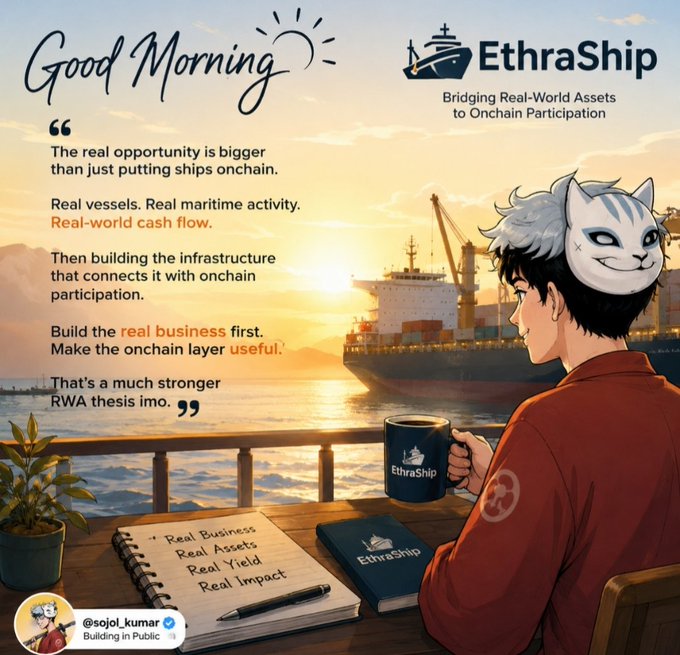 A 'Good Morning' promotional graphic for 'EthraShip' featuring an anime-style character with a cat mask drinking from an EthraShip mug, with text about bridging real-world assets to onchain participation.