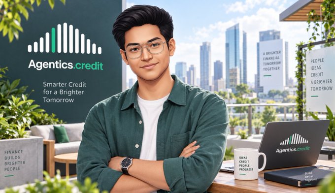 A promotional image for 'Agentics.credit' featuring a young man in a green shirt standing on a rooftop terrace with the tagline 'Smarter Credit for a Brighter Tomorrow' and 'A Brighter Financial Tomorrow'.