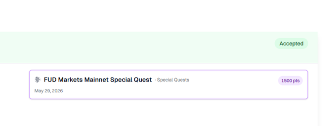 The image shows a screenshot of an acceptance page for a special quest posted by someone named @genlayer. The post has been accepted with a score of 150 points, indicating that the user has completed all the tasks required to participate in the mainnet's special quest. The post also mentions that there are other users participating and that it is worth 1500 points.