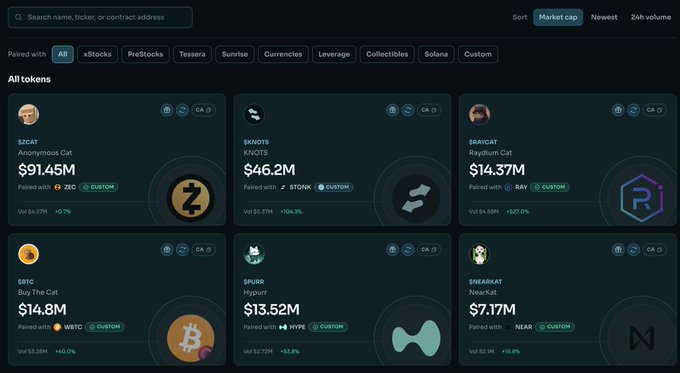 A dark-themed dashboard displays "All tokens" with cards showing top meme coins including $ZCAT ($91.45M), $KNOTS ($46.2M), $RAYCAT ($14.37M), $BTC ($14.8M), $PURB ($13.52M), and $NEARKAT ($7.17M), each marked as "Paired with" various tokens like ZEC, STONK, RAY, WBTC, HYPE, and NEAR. The image visually supports the post's claim by showing meme tokens paired with both other memecoins and major cryptocurrencies like Bitcoin (WBTC).