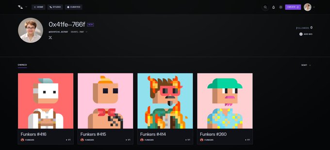 An NFT profile page for wallet address 0x41fe...766f displaying an owned collection of 'Funkers' pixel art NFT characters.