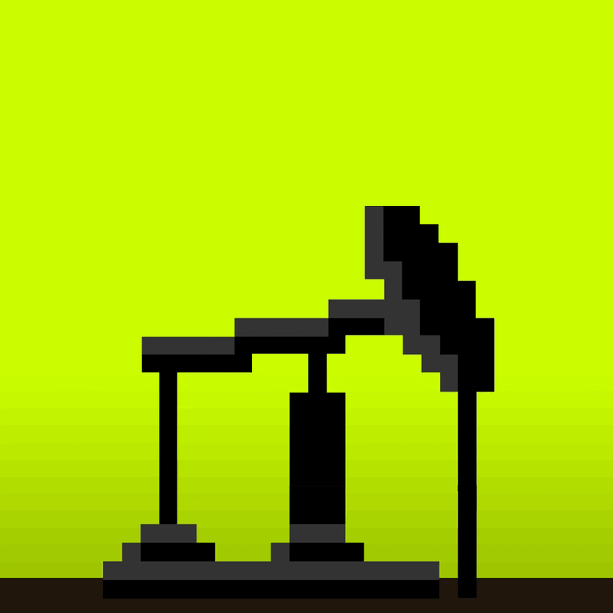 A pixelated black silhouette of an oil pumpjack stands against a vibrant yellow-green gradient background, visually representing the $OIL token from TheSaudisNFT collection referenced in the post.