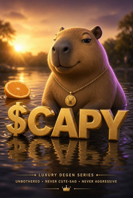 A capybara wearing a gold chain with a small capybara pendant sits in water at sunset next to an orange, with large gold text "$CAPY" and the tagline "LUXURY DEGEN SERIES - UNBOTHERED • NEVER CUTE-SAD • NEVER AGGRESSIVE."
