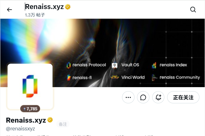 A screenshot of a social media profile for 'Renaiss.xyz' (verified) showing 7,785 followers, 1.3万 posts, and ecosystem links to renaiss Protocol, Vault OS, renaiss Index, renaiss-fi, Vinci World, and renaiss Community.