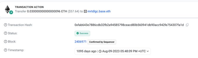 A blockchain transaction record displays a successful transfer of 0.03 ETH ($57.64) to the address mrdlgc.base.eth, recorded 1095 days ago on Aug-09-2023.