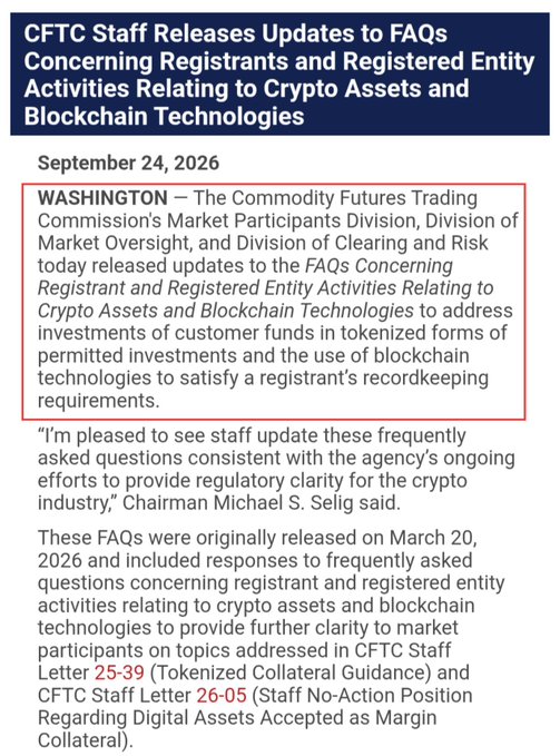 A news article snippet titled 'CFTC Staff Releases Updates to FAQs Concerning Registrants and Registered Entity Activities Relating to Crypto Assets and Blockchain Technologies,' dated September 24, 2026.
