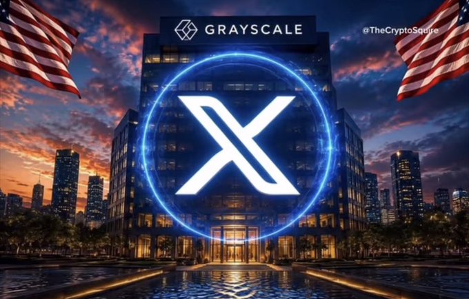 Image showing the Grayscale logo on a building with a large X (XRP) symbol overlaid, flanked by American flags, credited to @TheCryptoSagire.