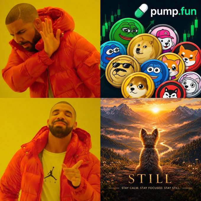 A four-panel meme featuring Drake rejecting and approving images, contrasted with pump.fun meme coins on one side and a motivational dog poster reading 'STILL - STAY CALM. STAY FOCUSED. STAY STILL.'