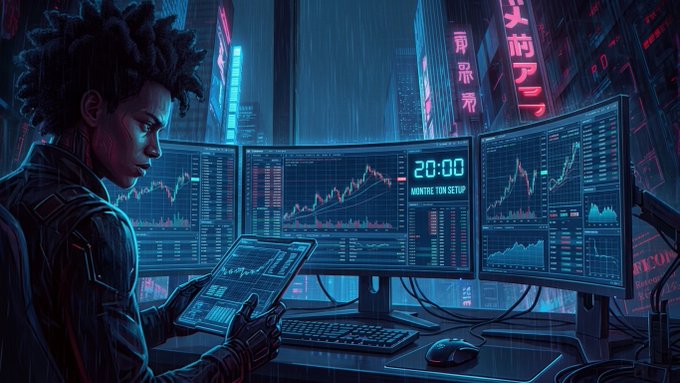A cyberpunk-style illustration of a man with dreadlocks working at a triple-monitor trading setup, with one screen displaying '20:00 MONITOR TON SETUP' and various charts showing market activity.