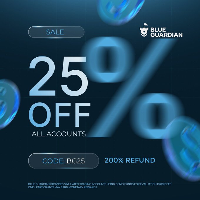 A promotional graphic for Blue Guardian offering '25% OFF ALL ACCOUNTS' with code 'BG25' and a '200% REFUND' feature.