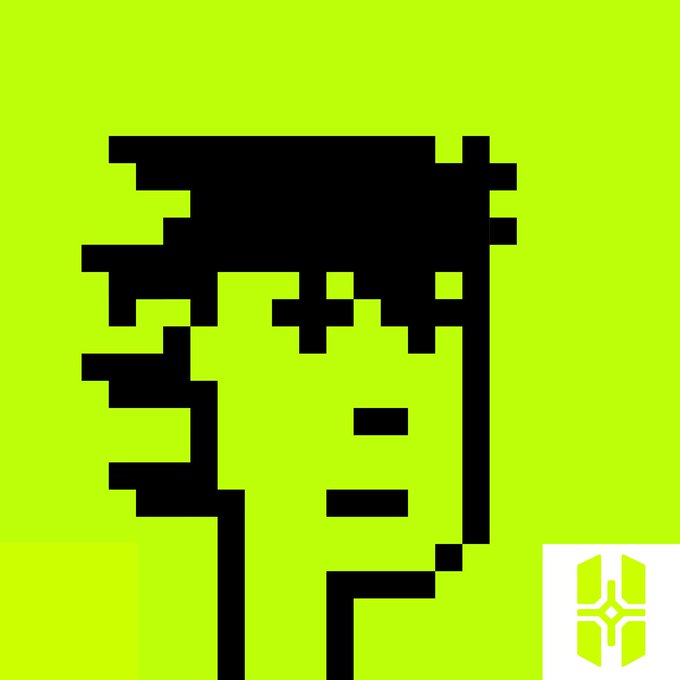 A pixelated, retro-style portrait of a person's face in black against a bright green background, with a small logo in the bottom right corner.