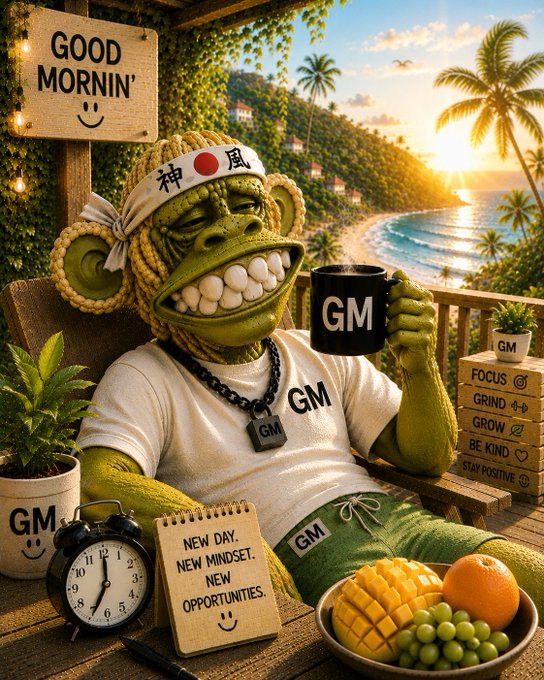 A stylized illustration of a green monkey character wearing a '神風' headband and a white 'GM' shirt, holding a black 'GM' mug while sitting on a beachside deck with a 'GOOD MORNIN'' sign, a notebook reading 'NEW DAY. NEW MINDSET. NEW OPPORTUNITIES.', and a motivational checklist including 'FOCUS,' 'GRIND,' 'GROW,' 'BE KIND,' and 'STAY POSITIVE.'