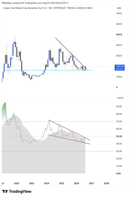 A TradingView chart of CRYPTOCAP (Crypto Total Market Cap Excluding Top 10, 1M) at $198.5B (+1.84%), showing price testing a descending trendline around $158.5B while the RSI below forms a contracting wedge pattern near 47, suggesting bullish divergence that could precede an explosive altcoin rally.