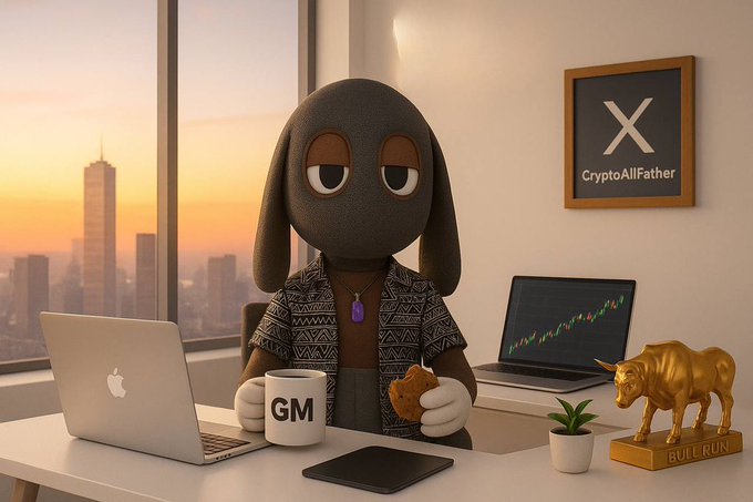 A cartoon dog character sits at a desk with a MacBook, a "GM" coffee mug, a golden bull statue labeled "BULL RUN," and a laptop displaying a green crypto chart, with a framed "CryptoAllFather X" sign on the wall and a sunset city skyline behind him. The image visualizes the post's message about crypto success being driven more by attention and distribution than by the underlying technology, with the character appearing relaxed and disengaged despite the "bullish" setup.