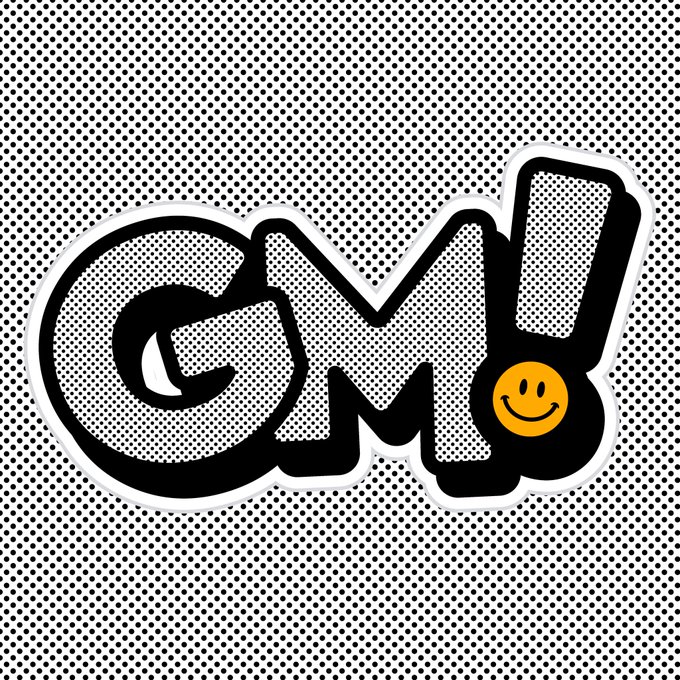 A bold black and white sticker or graphic spells 'GM!' with a yellow smiley face replacing the exclamation point, set against a halftone dotted background.