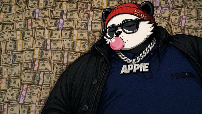 The image features a cartoon panda wearing sunglasses, a red hat with an X on it, and a necklace with the word "Appie" written on it. The panda appears to be lounging or sleeping on a bed of money bills. The text in the image reads "drop your $SOL wallets Breakfast for few actives First one always gets paid." This message is related to the post because it encourages people to invest their money wisely, just like the panda investing its time and energy by lounging on a pile of money instead of spending it all at once.