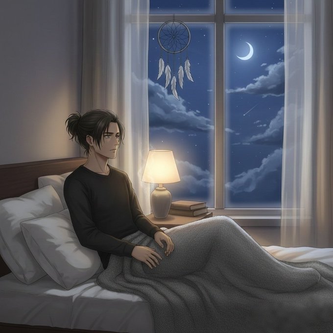 An anime-style illustration shows a young man with dark hair sitting up in bed under a gray blanket, looking out a window at a night sky featuring a crescent moon, a dreamcatcher, and a shooting star.