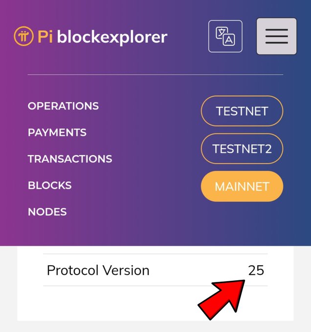 A screenshot of the Pi blockexplorer interface showing navigation options for Operations, Payments, Transactions, Blocks, and Nodes with buttons for Testnet, Testnet2, and Mainnet, plus a red arrow pointing to Protocol Version 25.
