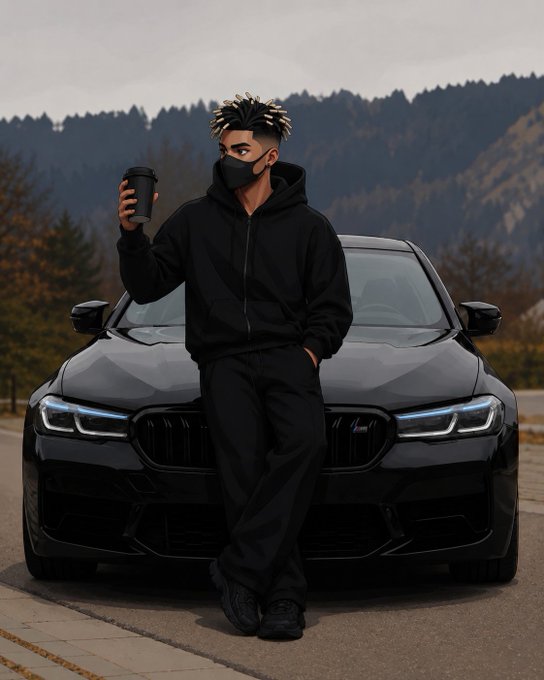 A stylized illustration depicts a person with dreadlocks, a black mask, and a black tracksuit leaning against a black BMW car, holding a coffee cup, with mountains in the background.