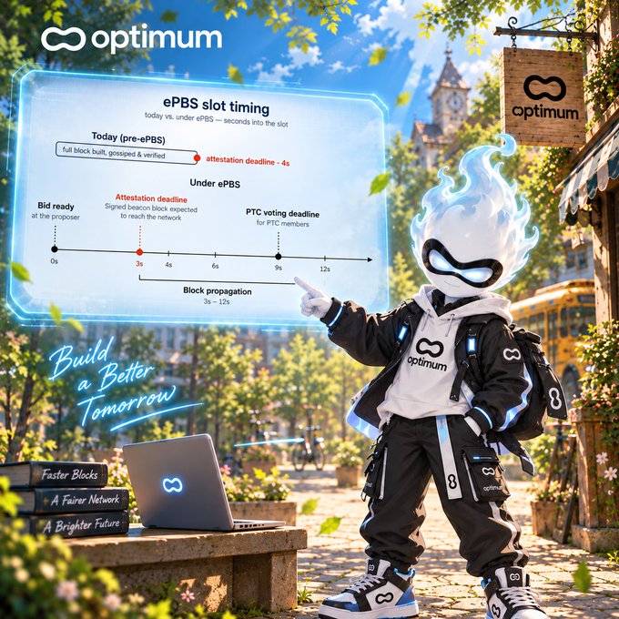 An animated mascot with a glowing blue flame head stands in a sunny town, pointing at a holographic chart explaining 'ePBS slot timing' for the 'optimum' project.