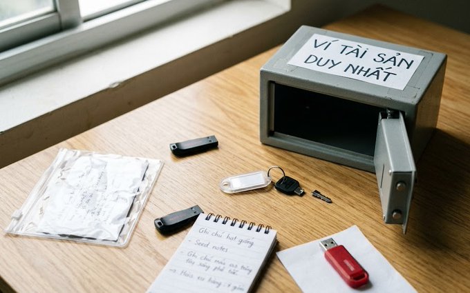 A still-life photograph showing a small gray safe with a sign reading 'VÍ TÀI SẢN DUY NHẤT' ('Only Asset Wallet'), surrounded by items including USB drives, keys, a notepad, a document, and a USB drive on a wooden desk.
