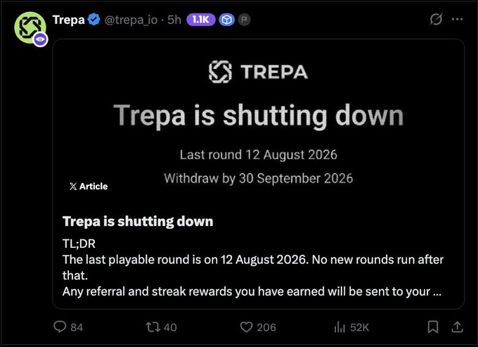A social media post from Trepa (@trepa_io) announcing 'Trepa is shutting down' with the last round on 12 August 2026 and a withdrawal deadline of 30 September 2026.