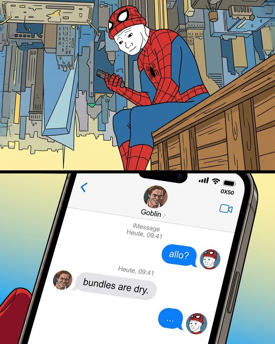 A two-panel comic showing Spider-Man sitting on a rooftop texting 'allo?' to 'Goblin', who replies 'bundles are dry.' with a typing indicator showing.