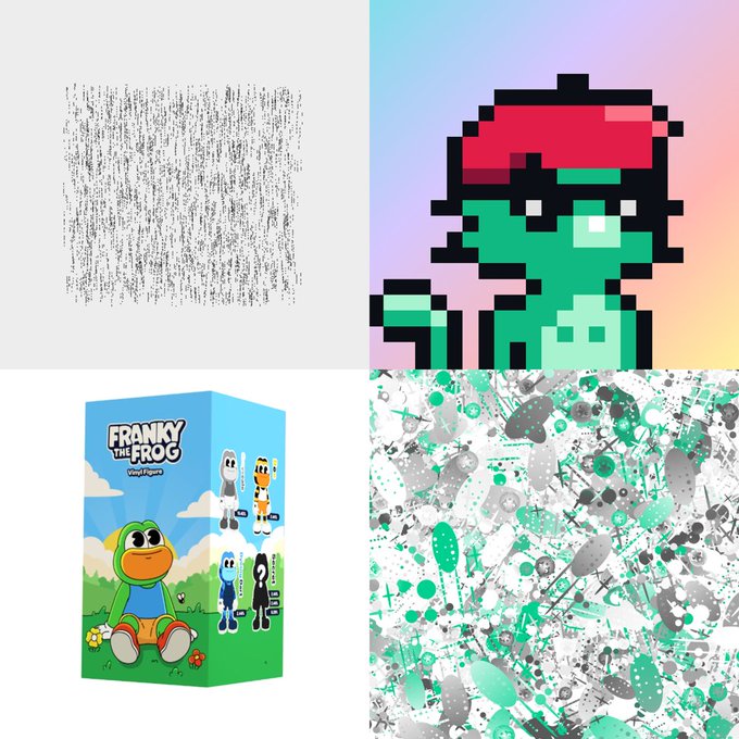 A collage featuring four distinct images: a textured gray square, a pixel art frog-like character with a red hat, a 'FRANKY THE FROG amigufura' toy box with colorful figures, and a green splatter pattern.