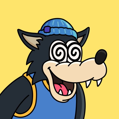 A cartoon wolf character with swirly dizzy eyes and a blue beanie laughs maniacally against a yellow background, matching the post's playful tone about completing a "NIBBLES" sweep on $ETH with @frankythefrog for The Appreciators Community.
