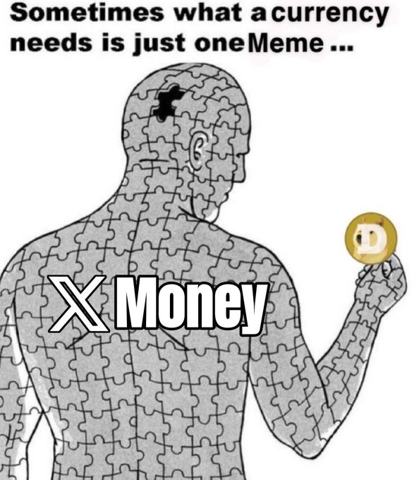 A meme features a grey jigsaw puzzle figure with a missing piece, labeled "X Money," holding a Dogecoin coin. The text reads, "Sometimes what a currency needs is just one Meme..."