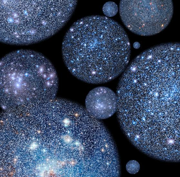 This image features a collection of small, brightly colored balls scattered across a black background that appears to be the night sky. There are at least 14 distinct stars visible within the cluster of blue spheres, creating an enchanting visual effect that draws the viewer's attention to both the clusters and their arrangement in the cosmic landscape.