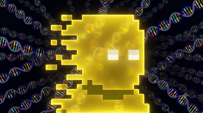 A pixelated golden smiley face with bright white eyes set against a dark background filled with repeating colorful striped patterns.