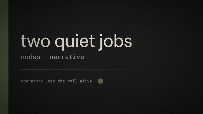 A dark screen with minimalist white text reading 'two quiet jobs', 'nodes · narrative', and 'operators keep the rail alive', suggesting a menu or title screen from a game or interactive narrative.