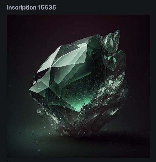 A dark, cinematic digital artwork titled 'Inscription 15635' depicting a large, faceted green crystal embedded in jagged dark rock.