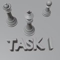 The image features a 3D-rendered arrangement of three white chess pieces (king, pawn, and rook) positioned above the bold text "TASK 1," which appears to be the entry submission for a GenLayer 3D animation challenge. The monochromatic, minimalist design visually represents the creator's project entry, combining game-like strategic elements with sleek modern typography.