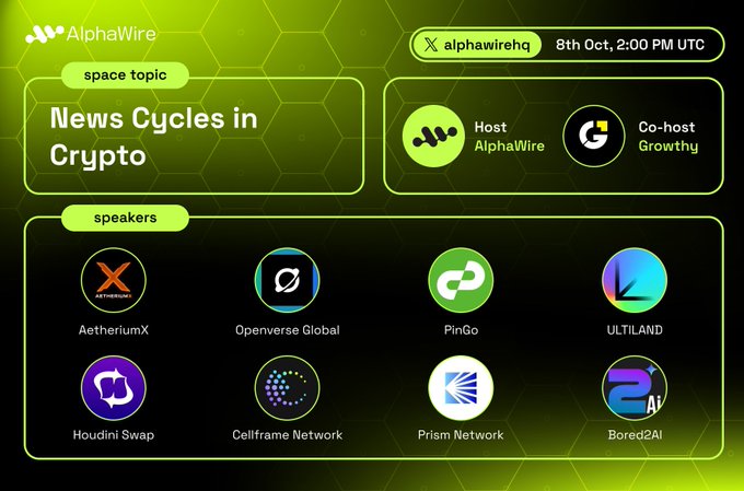 A promotional graphic for an AlphaWire Twitter (X) Space on 'News Cycles in Crypto' scheduled for 8th Oct, 2:00 PM UTC, hosted by AlphaWire and Growthly, featuring speakers from AetheriumX, Openverse Global, PinGo, ULTILAND, Houdini Swap, Cellframe Network, Prism Network, and Bored2Ai.