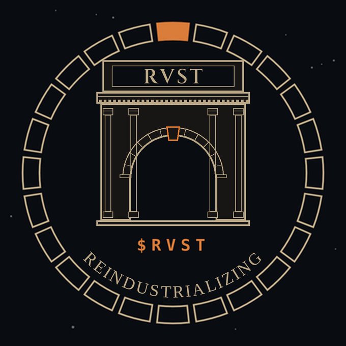 A circular logo design featuring a classical archway with the text 'RVST' at the top and 'REINDUSTRIALIZING' at the bottom, along with '$RVST' in the center.