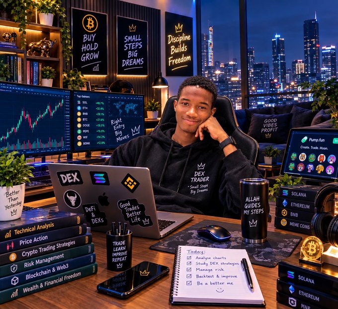 A young man sits at a desk with multiple screens showing cryptocurrency charts, surrounded by books on crypto trading and motivational signs like 'BUY HOLD GROW' and 'SMALL STEPS BIG DREAMS'.