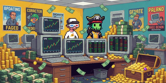 The image features a cartoon scene of a pirate character, wearing a hat with a skull and crossbones design, standing next to a desk filled with gold coins. There are also several computer monitors placed around the room, indicating that this might be an office or workspace for someone who is involved in trading stocks. The post "GM Degens" suggests that the image could be related to a stock market discussion or analysis.