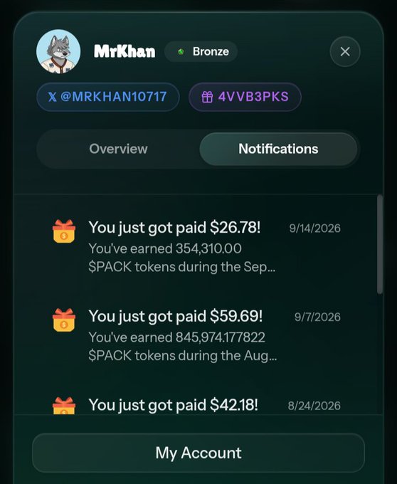 A mobile app screenshot showing a user profile 'MrKhan' (Bronze tier) with notifications of crypto token earnings, including 'You just got paid $26.78! You've earned 354,310.00 $PACK tokens' from 9/14/2026.