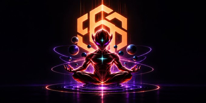 The image shows a glowing red and blue humanoid figure meditating in lotus position, surrounded by orbiting planet-like spheres and geometric energy rings, with a large orange hexagonal logo (resembling the Binance "B") floating behind it. The visual conveys themes of AI consciousness, cosmic intelligence, and technological transcendence—aligning with the post's announcement of ORIXA's AI agent layer and autonomous execution infrastructure powered by ERC-8004 identity and reputation systems.