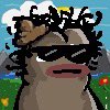 A small pixel art character with dark messy hair and sunglasses stands in a grassy field with a cloudy sky background.