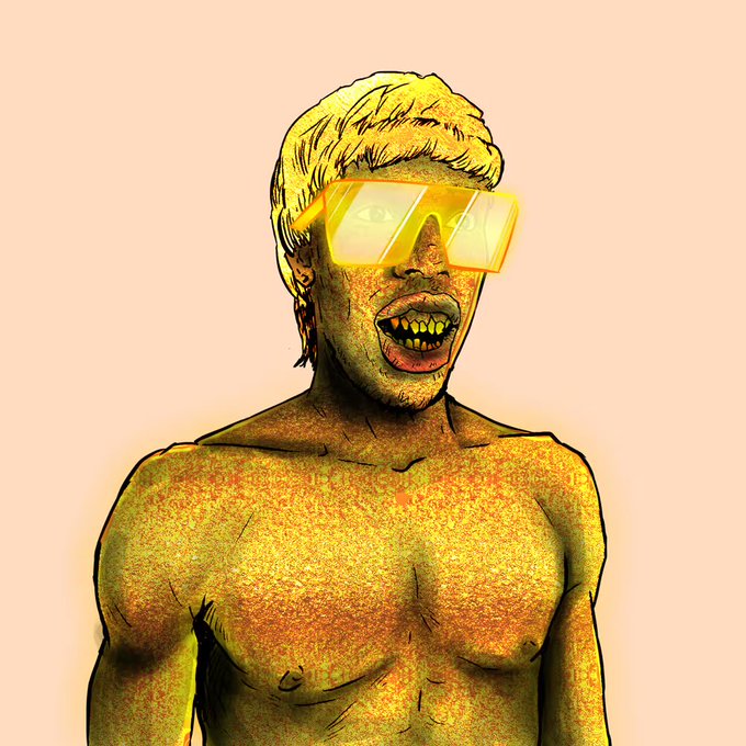 A stylized, comic-book-like illustration of a shirtless blonde man wearing large yellow visor sunglasses with his mouth open in a grimace or shout, rendered with bold lines and a textured yellow-orange palette.