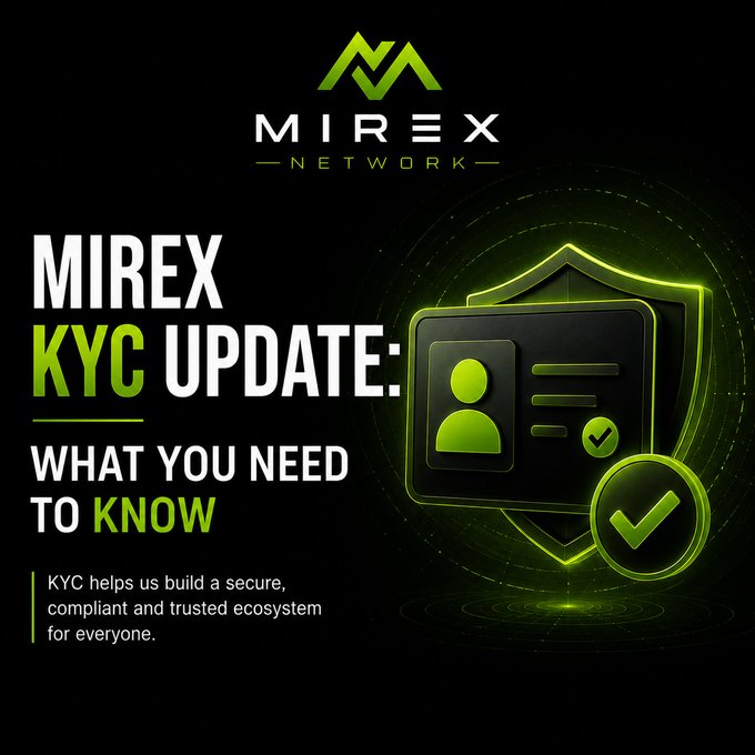 A Mirex Network promotional graphic announcing a KYC update, featuring the text "MIREX KYC UPDATE: WHAT YOU NEED TO KNOW" alongside a green glowing ID verification badge with a checkmark. The image aligns with the post explaining the KYC rollout delay tied to the upcoming Spin & Win feature still being finalized in the app.