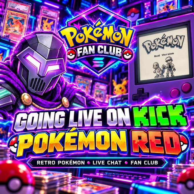 A vibrant promotional graphic for a "Pokemon Fan Club" stream on Kick, featuring a character in a purple helmet, Pokemon trading cards, and text reading "GOING LIVE ON KICK POKEMON RED" and "RETRO POKEMON • LIVE CHAT • FAN CLUB".