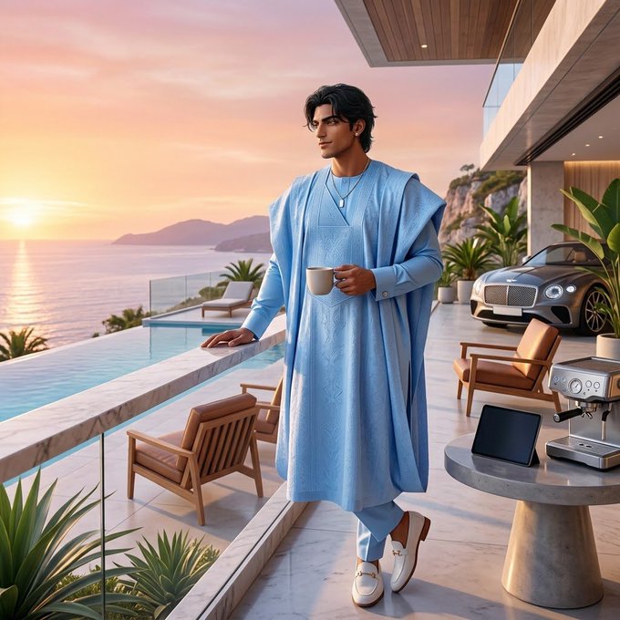 A man in a flowing light blue traditional outfit enjoys coffee on a luxurious seaside terrace at sunrise, surrounded by a pool, modern furniture, and a Bentley. The serene, aspirational setting visually reinforces the motivational message of seizing a new day to make it profitable.