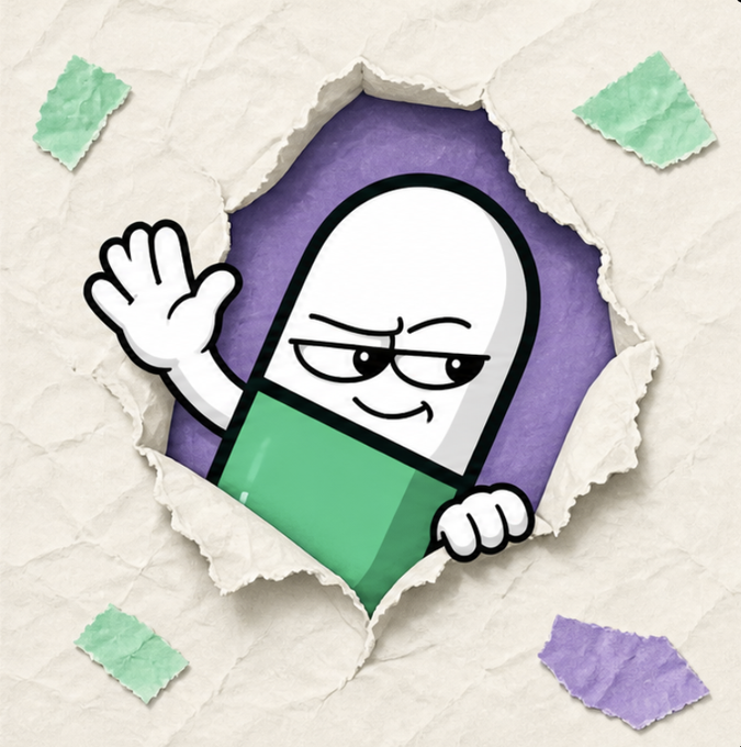 A cartoon pill character with a smug expression waving through a torn paper hole, with the top half white and bottom half green.